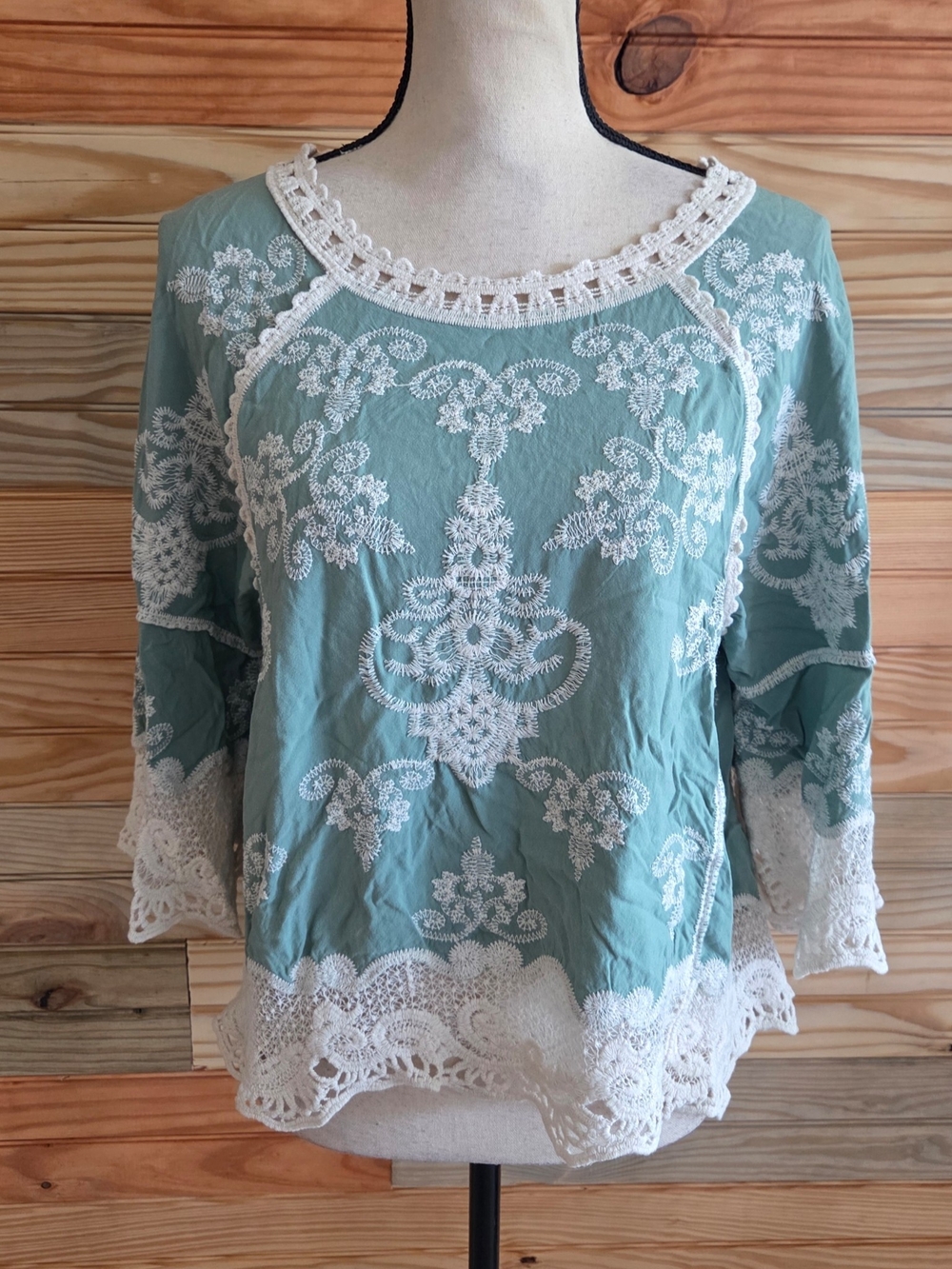 Democracy Seafoam Green Embroidered Crochet-Trim Blouse
